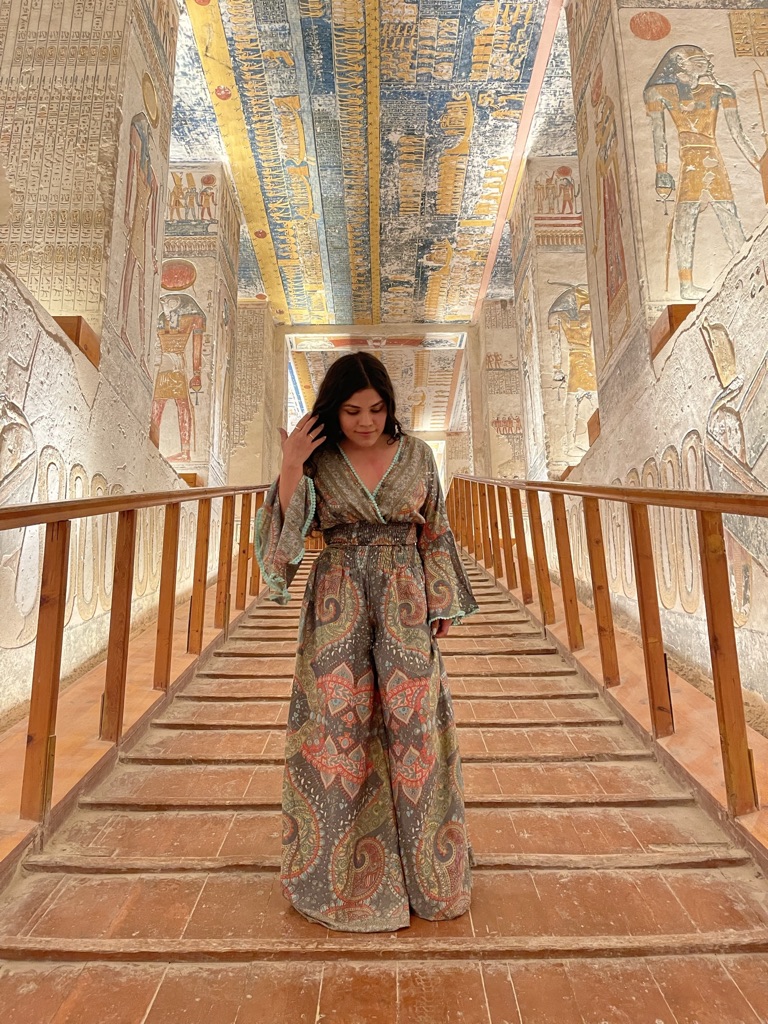 Karolina visiting the Valley of Kings, inside the stunning, colorful Tomb of Ramses the 4th