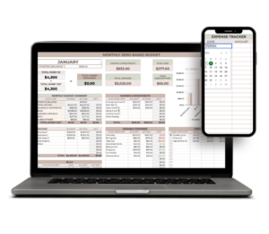 Free brown and green colored zero based Budget Template displayed on a laptop and cellphone