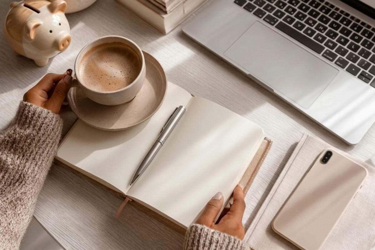 planning savings with an emergency fund with a open notebook beside a laptop, a piggy bank, and a coffee mug on a table.