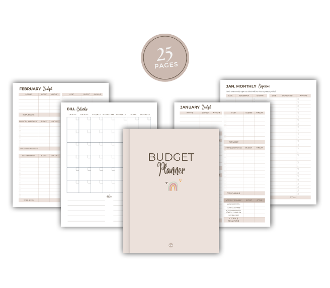 pages inside a free printable budget planner which includes a monthly budget template, a monthly expense template, and a undated bill calendar template