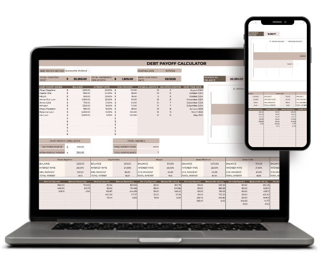 DEBT PAYOFF PLAN SPREADSHEET ON A LAPTOP AND CELLPHONE