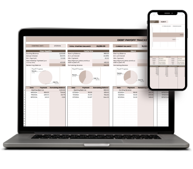DEBT TRACKER GOOGLE SPREADSHEET ON A LAPTOP AND CELLPHONE