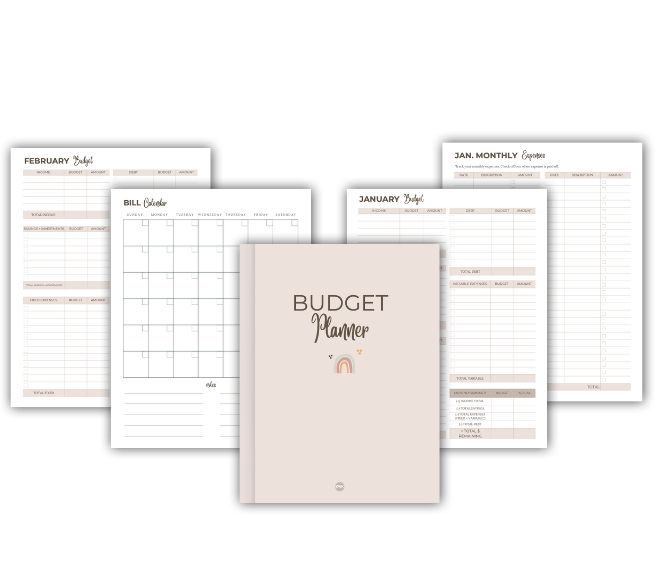 pages inside a free printable budget planner which includes a monthly budget template, a monthly expense template, and a undated bill calendar template