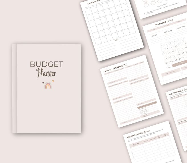 A few pages from a Pastel Pink colored Budget planner is displayed