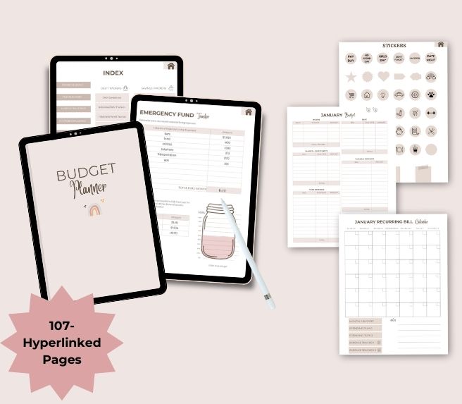 Pastel Pink colored Digital Budget planner pages displayed on an iPad along side with an apple pen