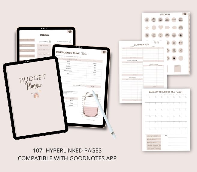 Pages from a digital budget planner displayed on a iPad