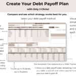 Screenshot of Google Sheets Debt Calculator tab showing automatic calculation of new debt-free date and monthly payment schedules based on chosen Snowball or Avalanche methods and additional monthly payments.