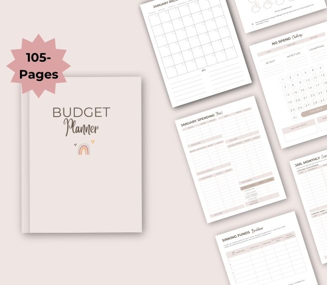 A few pages from a Pastel Pink colored Budget planner is displayed