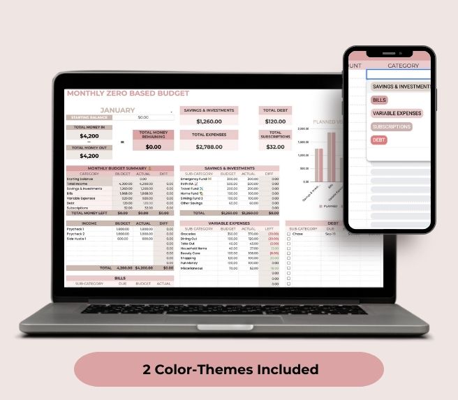 Free brown and pink zero-based Budget Google sheets Template displayed on a laptop and cellphone