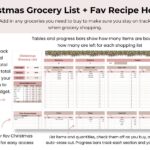 Grocery list feature in the Ultimate Christmas Planner Google Sheets, organizing holiday shopping by category and tracking purchases with a budget view.