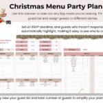 Menu planner in the Ultimate Christmas Planner Google Sheets, helping plan holiday meals from appetizers to desserts with guest assignments and dietary notes.