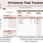 Task tracker in the Ultimate Christmas Planner Google Sheets, assigning holiday tasks to family members and tracking due dates for smooth holiday prep.