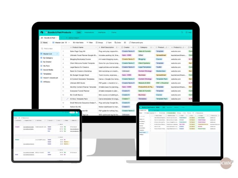 Airtable digital product organizer dashboard showing overview of freebies, courses, and paid templates