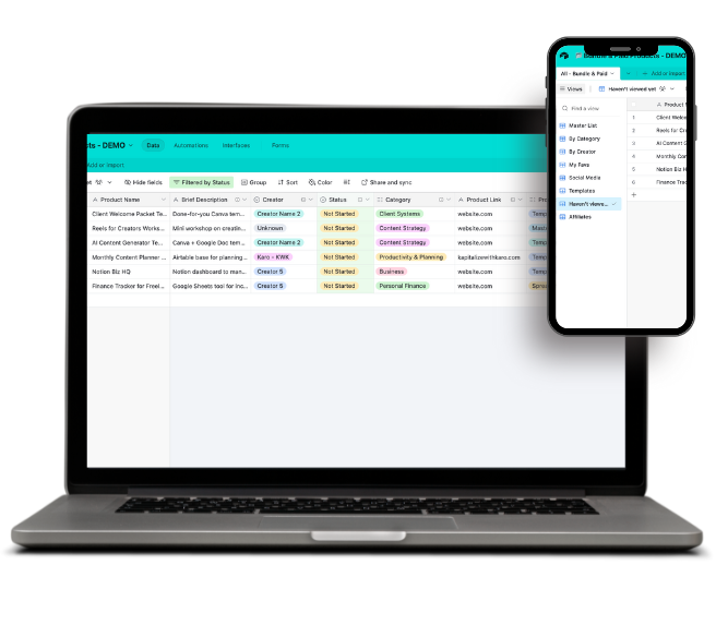 Airtable template tracking digital product spending and saved affiliate links for easy promotion