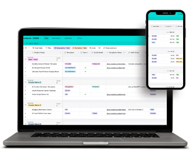 Filtered Airtable view of digital products sorted by category, creator, and untouched status