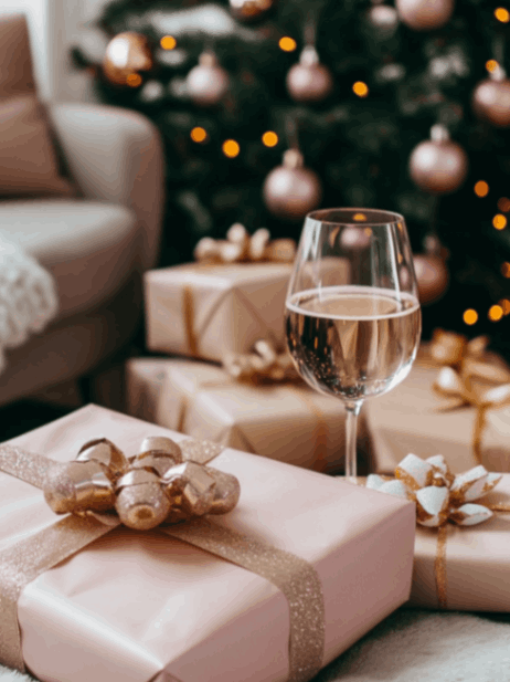wrapped gifts with a christmas tree in the background and a wine glass nearby.