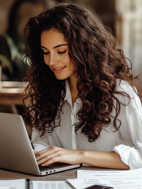 Curly hair brunette doing her bookkeeping on her laptop
