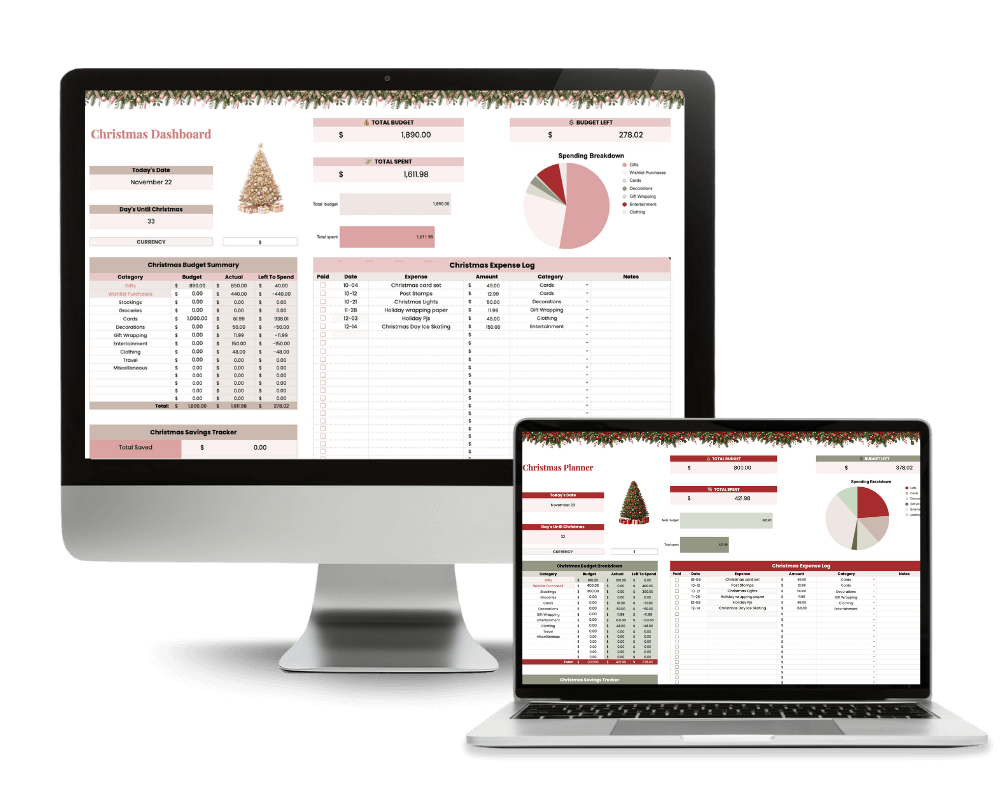 Screenshot of the Christmas Budget & Planning Hub Google Sheets showing the holiday budget dashboard, gift list, savings tracker, and December calendar.