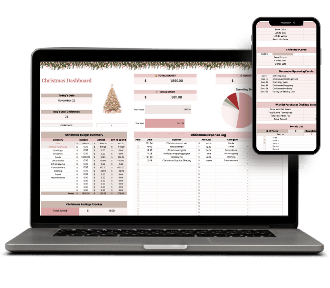 Christmas budget dashboard in Google Sheets with sections for spending, savings, countdown to Christmas, and upcoming events.