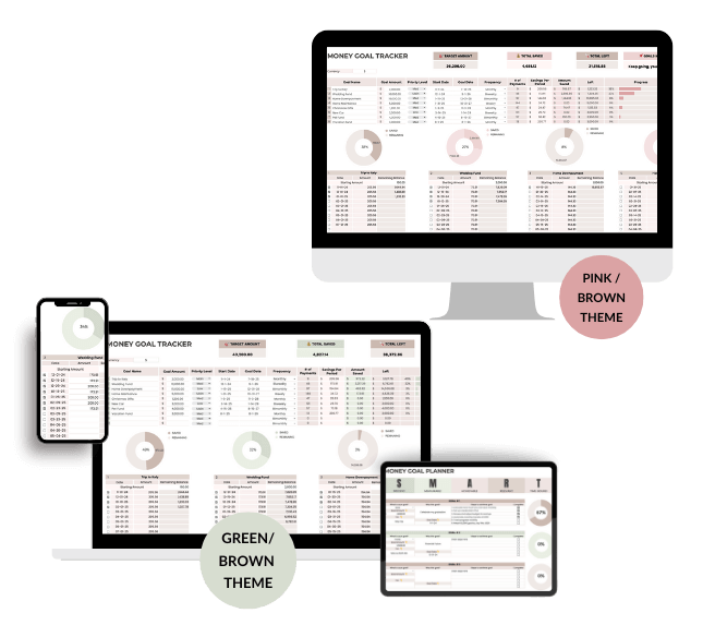 Savings tracker with pastel green and neutral pink-brown color theme options in Google Sheets
