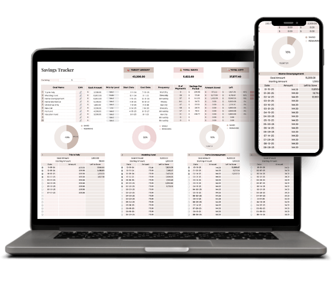 Google Sheets savings planner with progress bars, goal deadlines, and flexible saving schedules