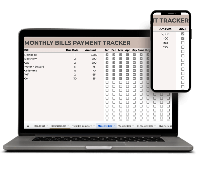 Google Sheets bill payment tracker showing monthly, weekly, and annual bill checklists to track payments in one place.