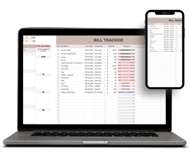 Monthly bill calendar in Google Sheets with bills auto-filled by date, helping you see what’s due each day.