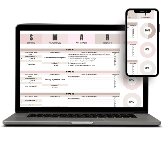 SMART goal planner in Google Sheets for setting clear and realistic savings goals