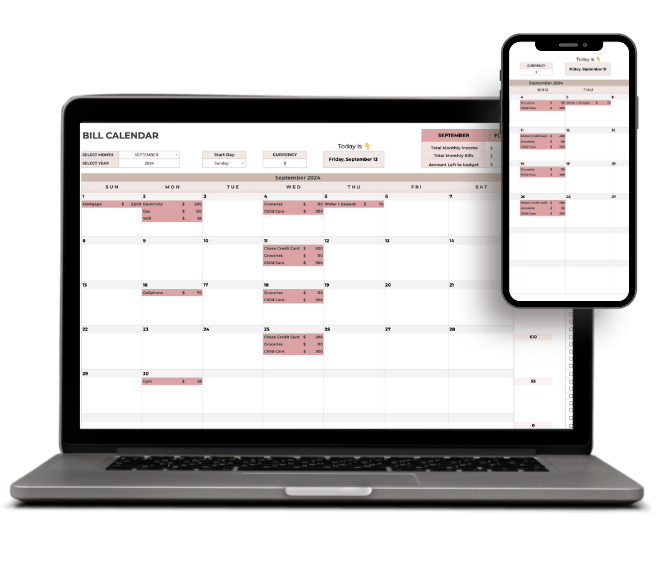 Google Sheets bill tracker showing recurring and one-time bill setup, with due dates and payment frequency fields filled in.
