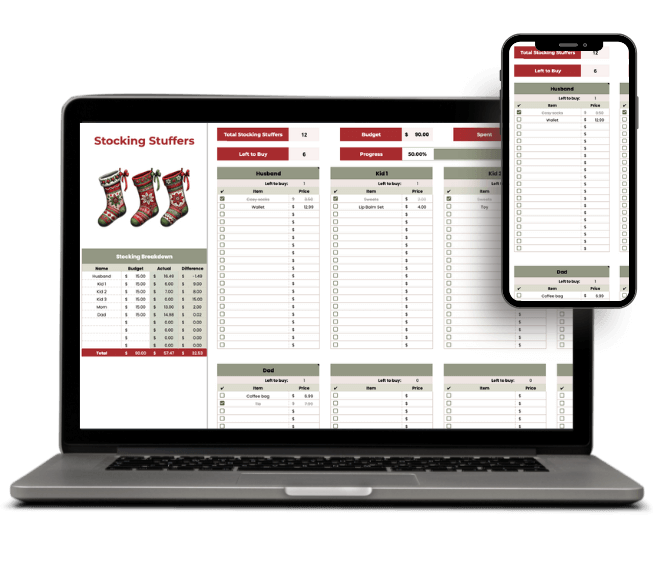 Stocking stuffer planner tab to organize ideas and budgets for up to 10 people in a Google Sheet.