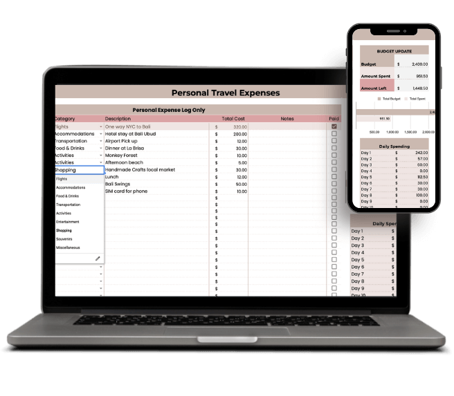 Google Sheets travel budget tracker with real-time expense logging and automatic budget comparison.