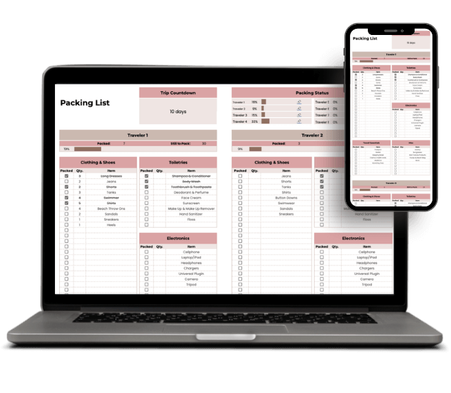 Customizable travel packing checklist in spreadsheet format with progress bar for solo and group travelers.