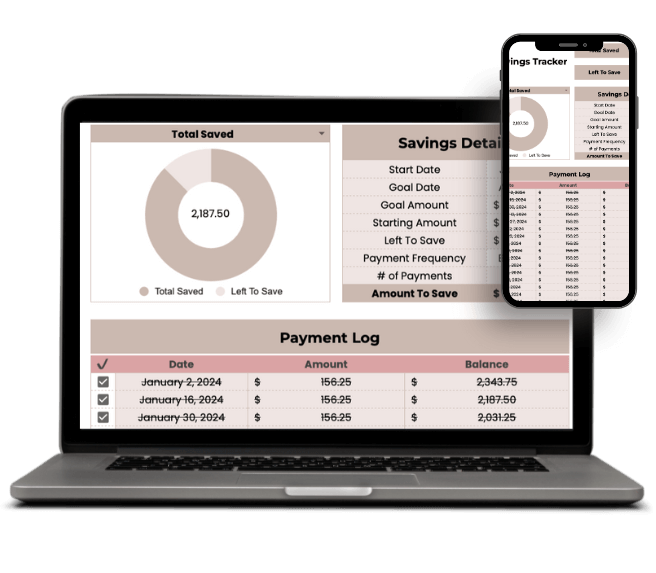 Trip savings tracker sheet to set a vacation budget goal and monitor payments, balance, and progress.