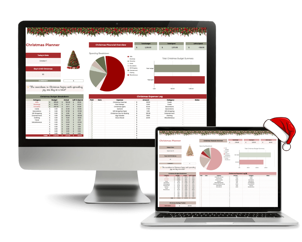 Screenshot of the Ultimate Christmas Planner Google Sheets with dashboard, gift tracker, December calendar, and savings planner visible, a complete holiday planning spreadsheet.
