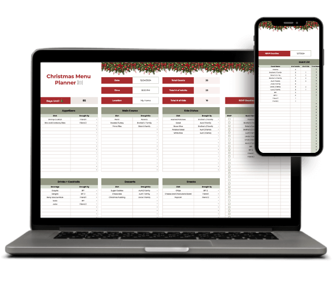 Holiday party planning spreadsheet for RSVPs, dishes, and who’s bringing what.