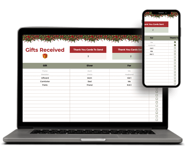 Tab to track Christmas gifts received and who they’re from, for future gifting or thank-you notes.