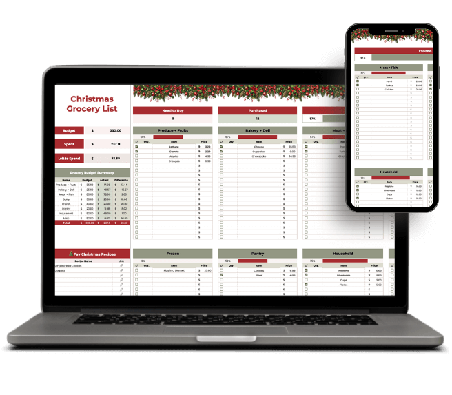 Xmas Grocery list tab organized by category with space for budget, totals, and recipe links.