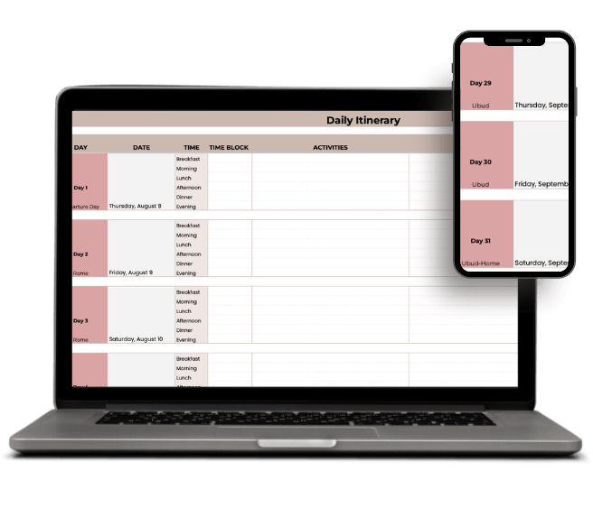 Daily travel itinerary planner in Google Sheets showing activities, meals, and outfit planning for up to 31 days.