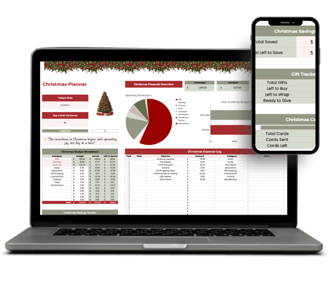 Christmas dashboard showing total spending, savings progress, and upcoming events in a holiday planner Google Sheet.
