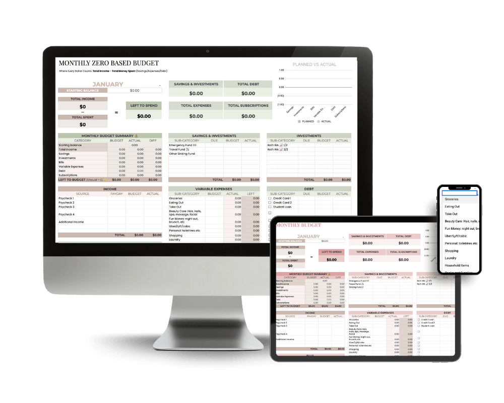College friendly google sheet for students mockup on a desktop, ipad, and cellphone.
