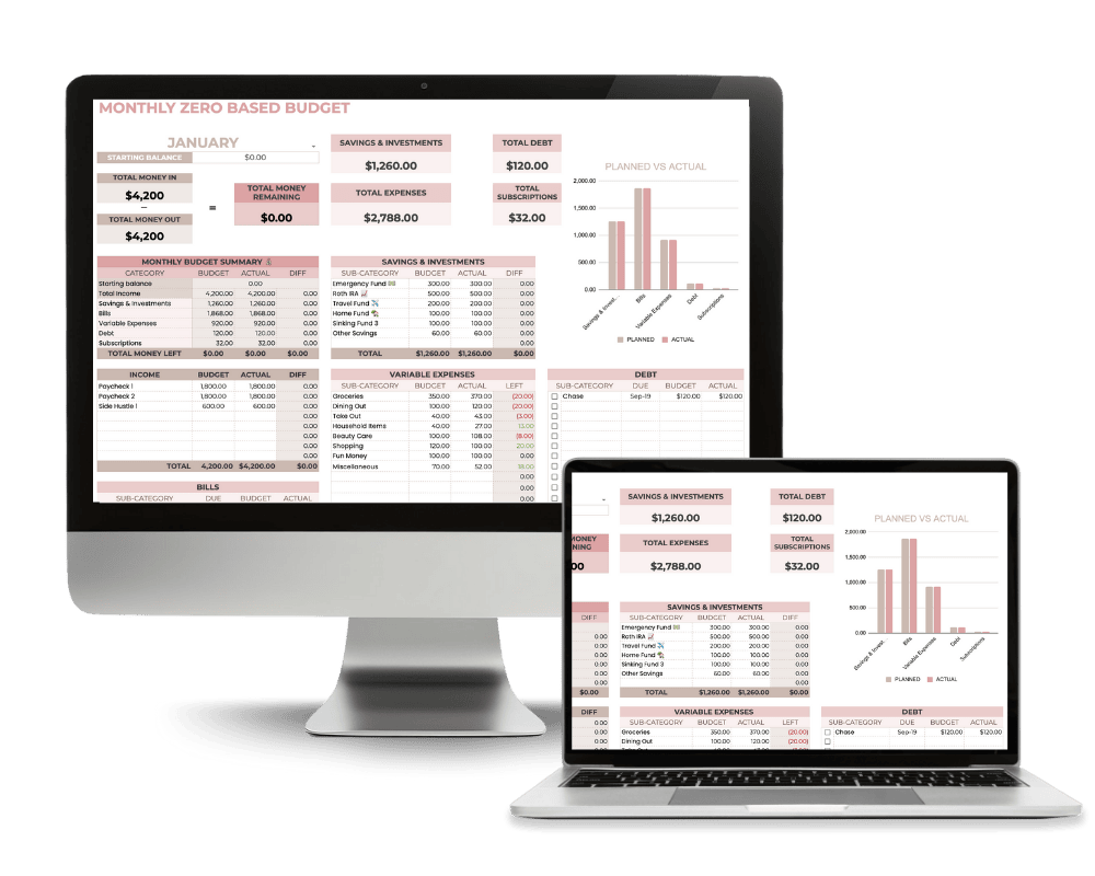 free monthly budget template google sheet mockup on a desktop and laptop