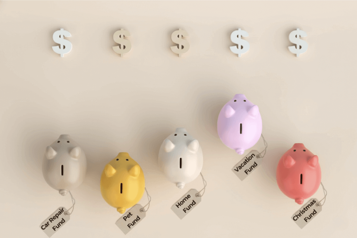 Piggy banks labeled for different sinking funds like car repair, pet fund, home fund, vacation fund, and Christmas fund.