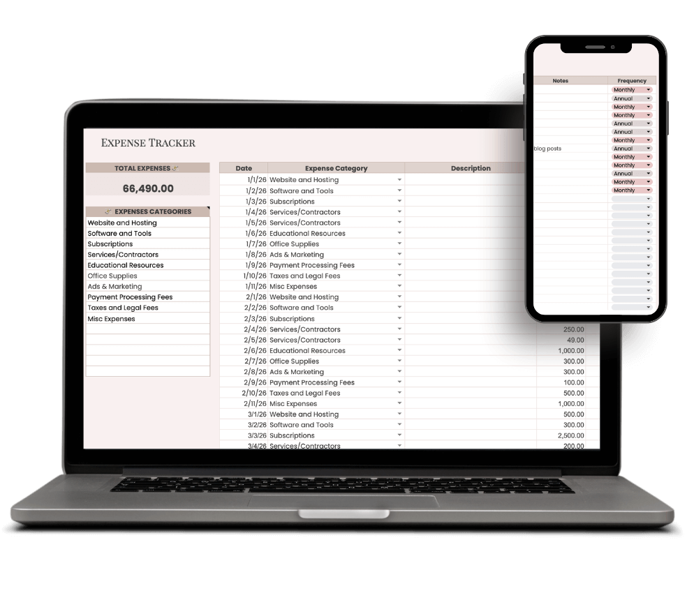 Expense tracker in P & L Google Sheets tab displayed on laptop and phone