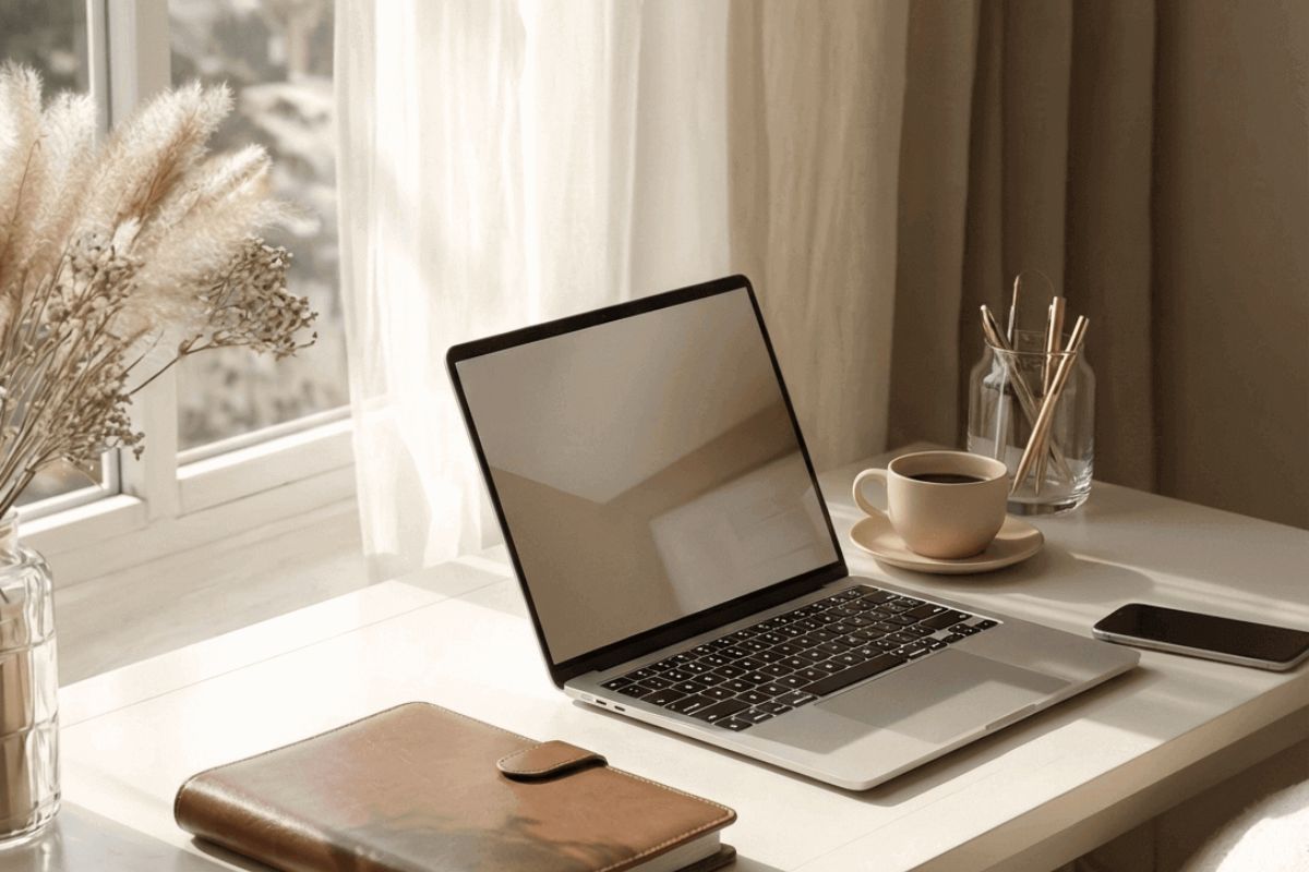 Cozy home office desk with dried flowers by a sunlit window, with a laptop, coffee cup, phone, notebook ready to compare the debt snowball vs avalanche payoff method.