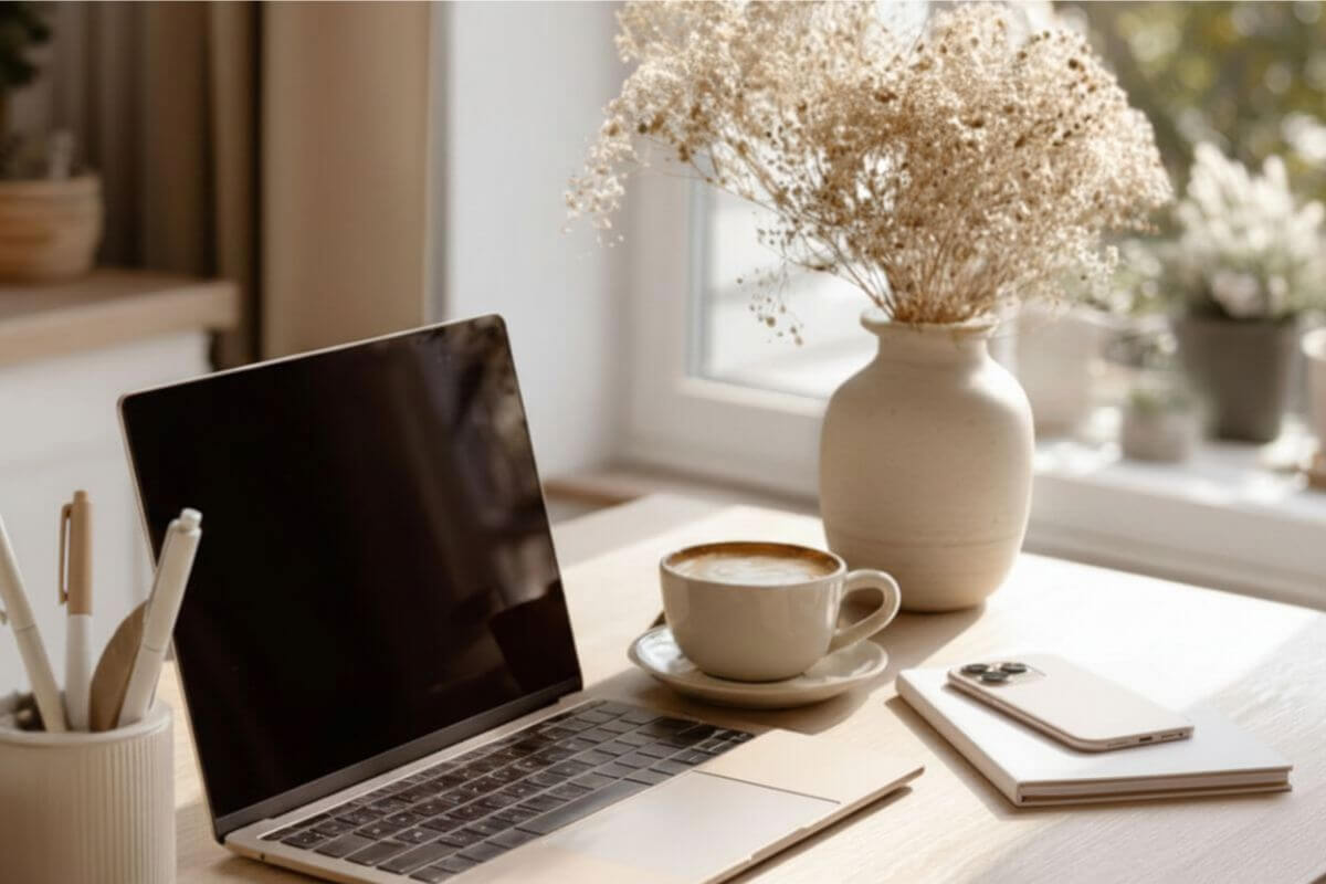 Cozy desk setup for money dates with laptop, latte, notebook, and dried flowers by a sunlit window