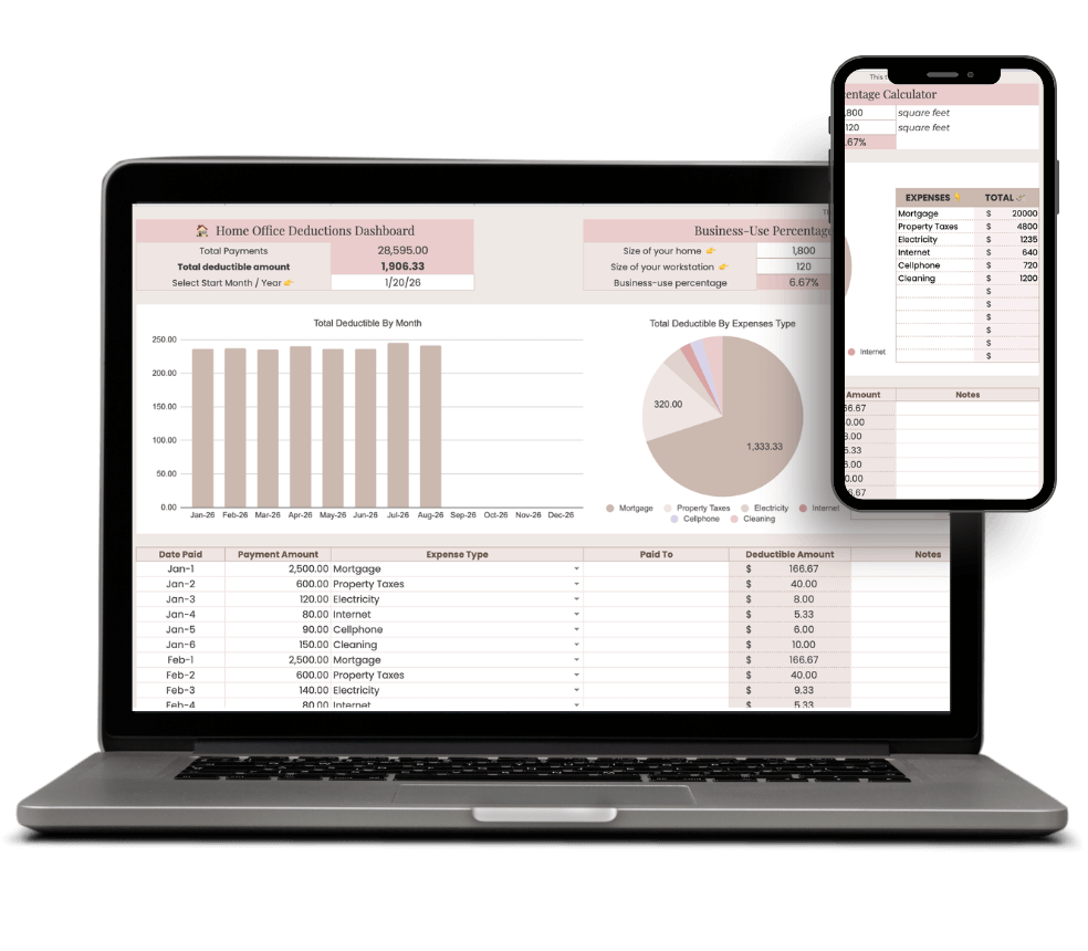 Home office Tax deduction tracker in Small Business Bookkeeping Google Sheets on laptop and phone