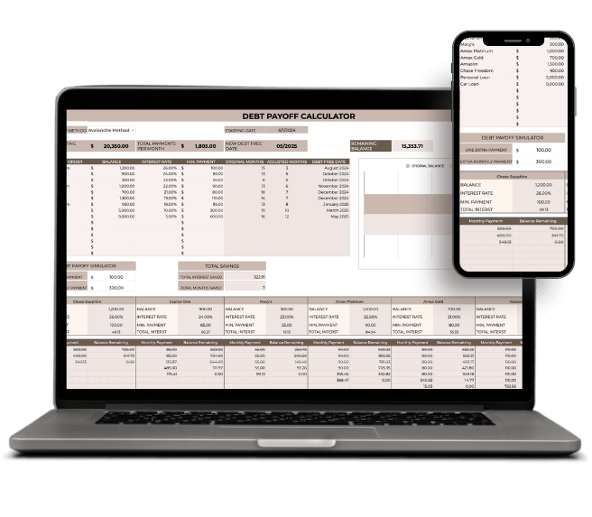 Debt payoff snowball and avalanche calculator spreadsheet showing payment schedule and payoff timeline on laptop and phone
